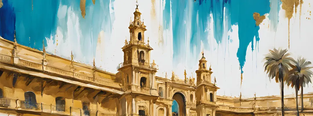 blue and golden digital painting of a fortification walls around a gate